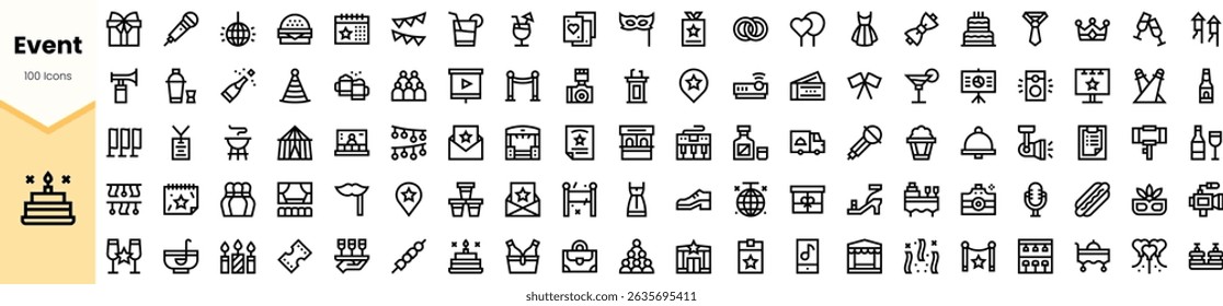 A diverse collection of event-themed icons featuring festive elements like cakes, balloons, and gifts, perfect for party planning and celebration themes.