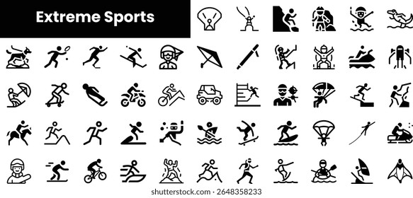 A diverse collection of extreme sports icons showcasing various thrilling activities like surfing, skiing, and paragliding, emphasizing adventure and action.