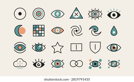 Diverse collection of eye and vision related icons including celestial and abstract shapes for optical technology and perception concepts.