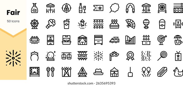 Uma coleção diversificada de ícones com temas justos, com passeios, barracas de comida, jogos e elementos de entretenimento, perfeito para projetos de design ou promoções.
