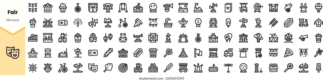 Uma coleção diversificada de ícones com temas justos com várias atrações e atividades, desenhadas em um estilo de arte de linha preta coesa.