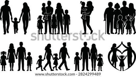 A diverse collection of family silhouettes featuring parents, children, multi generational families, caregiving, and family bonding scenes. Ideal for parenting, healthcare, insurance, social services, education, community programs, and family themed design projects.