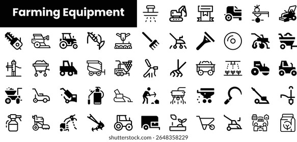 A diverse collection of farming equipment icons, showcasing essential tools and machinery used in agriculture, presented in a modern, minimalist style.