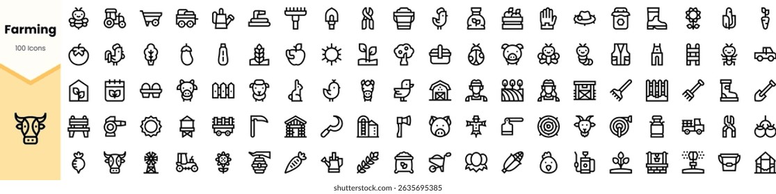 A diverse collection of farming icons featuring tools, crops, and livestock in a minimalist style, emphasizing agriculture and sustainability.