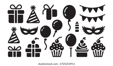 Diversa colección de Elementos festivos para eventos especiales, incluyendo regalos envueltos y decoraciones divertidas