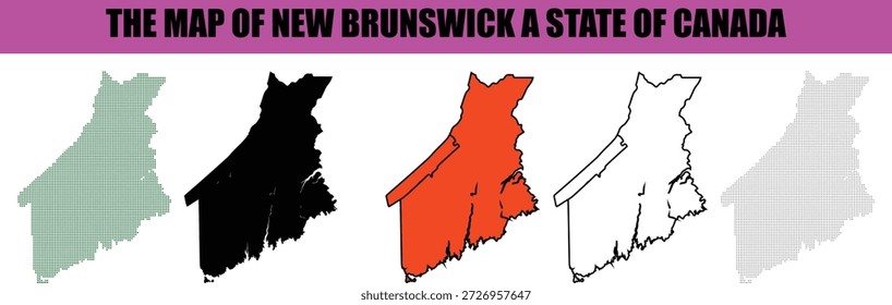 A diverse collection of five distinct maps illustrating the Canadian province of New Brunswick is presented against a clean white backdrop The maps feature various graphic styles including solid silhouettes in black and orange a simple black outline and two dotted patterns in light green and gray perfect for geographical representations and educational materials