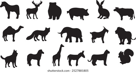 A diverse collection of flat design animal silhouettes, featuring various species in minimalist, clean shapes.