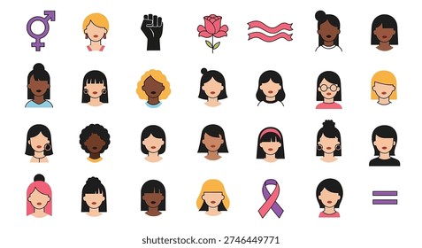 A diverse collection of flat design icons representing women, feminism, and gender equality, featuring various female avatars, symbols, and ribbons on a white background.