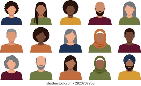 A diverse collection of flat vector avatar icons representing various ethnicities, genders, and ages, ideal for representing global communities, social networking, user profiles, or inclusive corporate team concepts.