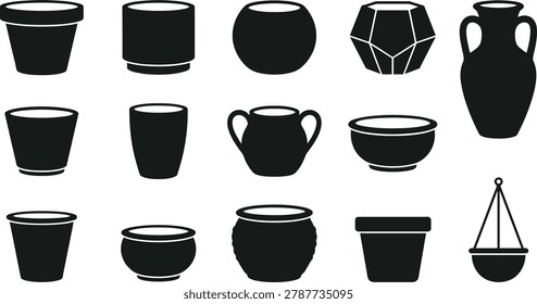 Diverse collection of flower pot vector silhouettes for greenhouse nursery garden planning and indoor plant styling.