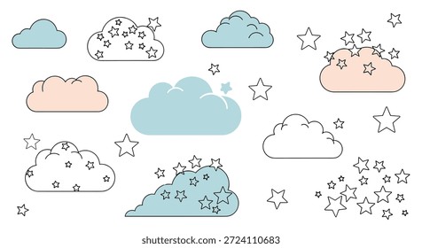 Diverse collection of fluffy clouds and outlined stars in various sizes and shapes for creative design.
