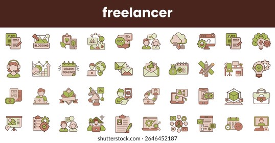 Uma coleção diversificada de ícones com tema freelancer que mostram vários aspectos do trabalho remoto, incluindo blogs, prazos e ferramentas de comunicação em cores suaves.