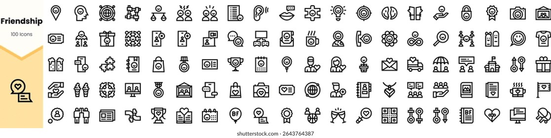 A diverse collection of friendship-themed icons illustrating connection, joy, and shared experiences, featuring various symbols like hearts, gifts, and celebrations in monochrome style.