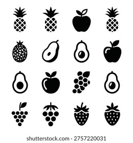 A diverse collection of fruit silhouettes including pineapple, apple, avocado, grape, and strawberry, perfect for healthy lifestyle themes.
