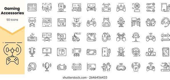 A diverse collection of gaming accessories icons, featuring controllers, headsets, and more, designed in a minimalist black-and-white style.