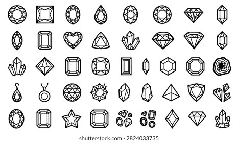 A diverse collection of gemstone outlines showcasing different cuts and shapes like diamonds, emeralds, and hearts.