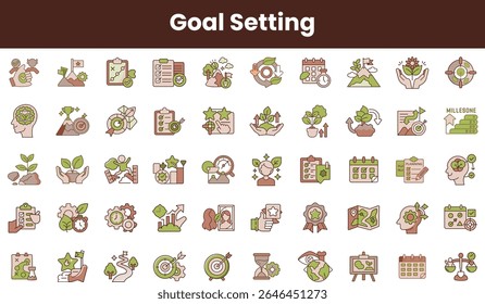 A diverse collection of goal-setting icons, featuring elements like plants, targets, and calendars in earthy tones, symbolizing growth and achievement.