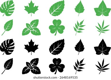 A diverse collection of green and black leaf silhouettes, including monstera, maple, mint, and more. Perfect for nature-themed designs and graphics.