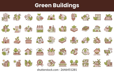 A diverse collection of green building icons featuring eco-friendly designs, renewable energy, and sustainable living concepts, showcasing a commitment to environmental awareness.