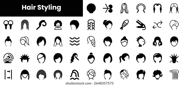 A diverse collection of hair styling icons showcasing various hairstyles and tools, ideal for beauty and fashion themes.