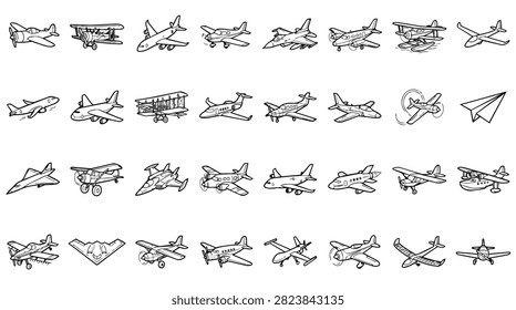 A diverse collection of hand drawn airplane sketches showcasing different aircraft designs and eras, presented in a grid layout.