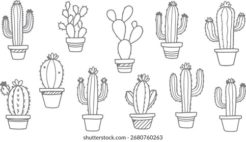 Diverse Collection of Hand Drawn Cactus Plants in Pots Seamless Pattern Great for Wallpaper Textile Fabric and Decorative Design Projects