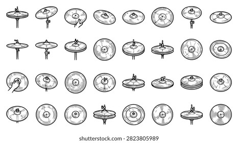 A diverse collection of hand drawn cymbals depicted from multiple angles and perspectives, showcasing their unique shapes and forms.