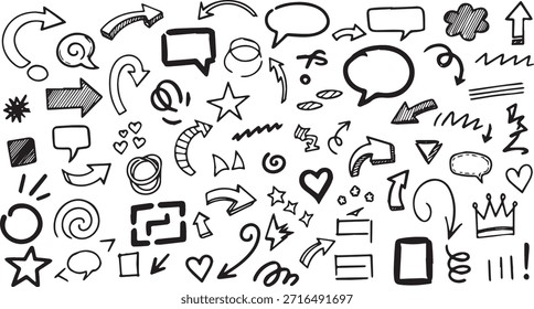 A diverse collection of hand drawn doodle elements including various arrows, speech bubbles, stars, hearts, and other decorative shapes, perfect for design projects.