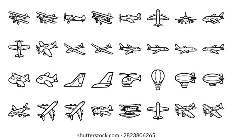 A diverse collection of hand drawn icons representing various types of airplanes, helicopters, and airships for aviation themes.