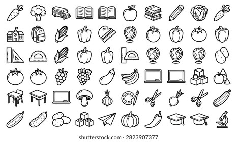 A diverse collection of hand drawn icons representing school supplies and various food items.