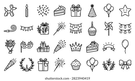 A diverse collection of hand drawn icons representing birthday party celebrations and festive occasions.