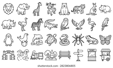 A diverse collection of hand drawn illustrations featuring various zoo animals and park related objects.