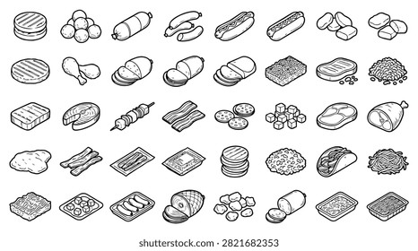 A diverse collection of hand drawn isometric icons representing various types of meat and food products.