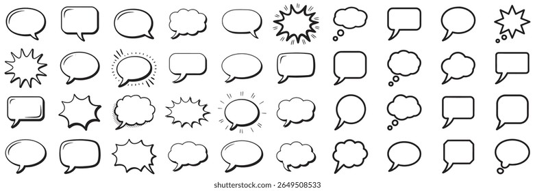 Diversa Colección de burbujas de discurso dibujadas a mano y burbujas de pensamiento en blanco y negro Estilo de contorno aislado