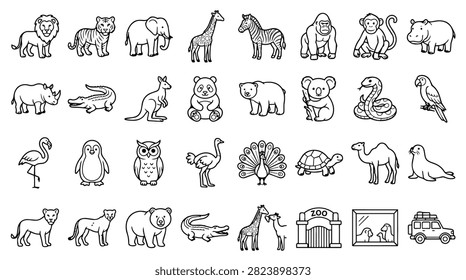 A diverse collection of hand drawn zoo animals and related icons in a simple line art style.