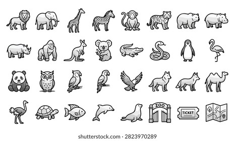 A diverse collection of hand drawn zoo animals and related icons presented in a clean illustrative style.