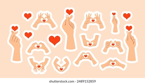 Diverse Collection Of Hand Gesture Stickers Forming Hearts, Symbolizing Love, Affection, And Care, Adhesive Patches Set