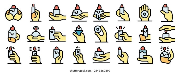 Diverse collection of hand gestures interacting with candles and lighters, symbolizing fire, light, and warmth