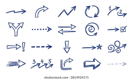 Diverse collection of hand sketched arrows including growth charts dotted lines check boxes and circular cycles designed for corporate reports educational materials and creative brainstorming sessions showing different directions and milestones in hand drawn artistic format.