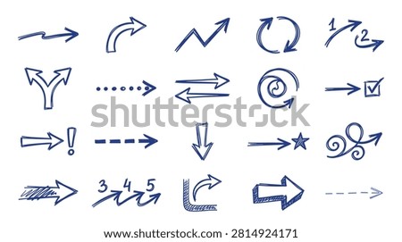 Diverse collection of hand sketched arrows including growth charts dotted lines check boxes and circular cycles designed for corporate reports educational materials and creative brainstorming sessions showing different directions and milestones in hand drawn artistic format.