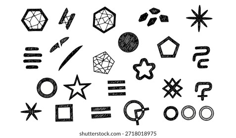 A diverse collection of hand-drawn abstract and geometric shapes, featuring various outlines, solid forms, and textured patterns in black on a white background, evoking a doodle or sketch aesthetic.