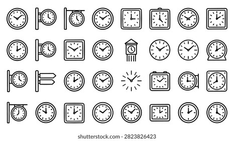 A diverse collection of hand-drawn clock icons showcasing different shapes like round and square, and styles including wall clocks and cuckoo clocks.