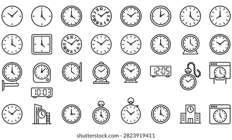 A diverse collection of hand-drawn clock icons and illustrations showcasing different styles and types of timekeeping devices.