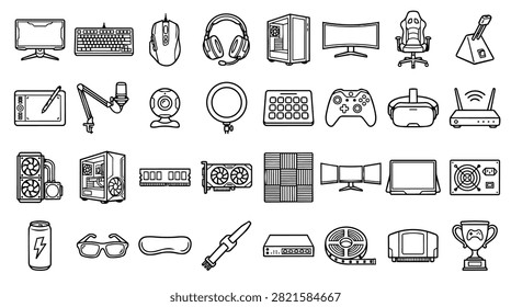 A diverse collection of hand-drawn computer hardware and gaming accessories arranged in a grid format.