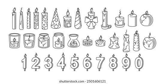 Diverse Collection Of Hand-drawn Doodle Candles Including Various Shapes, Sizes And Design Patterns. Vector Illustration