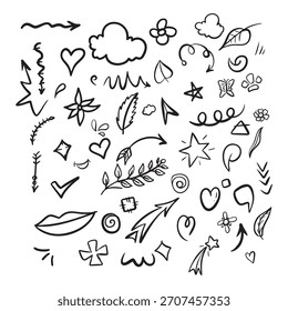 Uma coleção diversificada de elementos de rabiscos desenhados à mão, incluindo setas, corações, estrelas e espirais, isolados em um fundo branco.