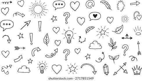 Uma coleção diversificada de elementos de rabiscos desenhados à mão, incluindo várias setas, corações, estrelas, lâmpadas, pontos de interrogação e balões de fala, perfeito para projetos criativos.