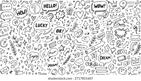 Una colección diversa de Elementos de doodle dibujados a mano que incluyen burbujas de discurso con varias palabras como 'Hola', 'Wow', 'How' y 'Lucky', junto con estrellas, corazones, signos de interrogación y otros decorativos.