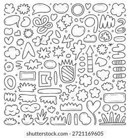 Diverse collection of hand-drawn doodle elements with arrows speech bubbles clouds and abstract shapes ideal for a wide range of creative and graphic design projects