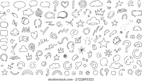 Uma coleção diversificada de elementos de rabiscar desenhados à mão, incluindo bolhas de fala, corações, estrelas, nuvens, pontos de interrogação e setas.